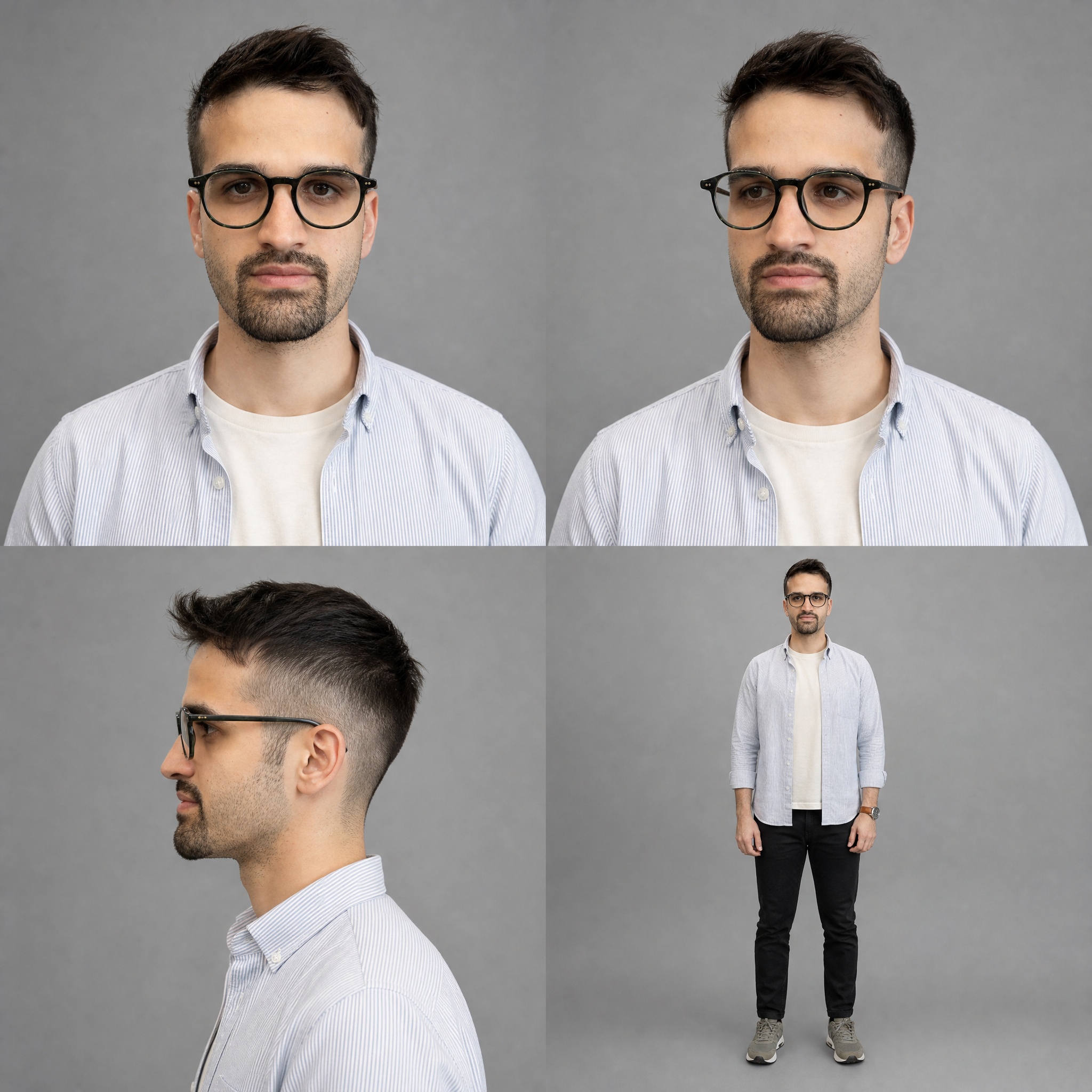 Pooria Arab casting sheet — four plain reference frames on grey